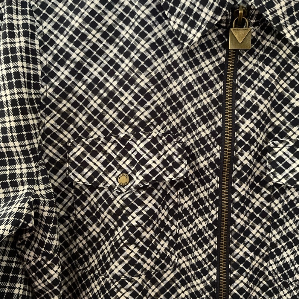 Michael‎ Michael Kors Plaid Zip Front Top Size Large Navy White - Picture 4 of 5